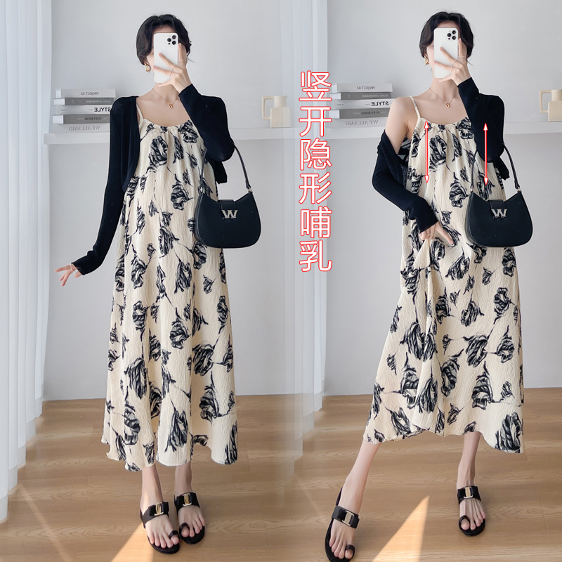 哺乳衣外出辣妈2023夏季新款产后连衣裙外穿喂奶衣服时尚孕妇套装