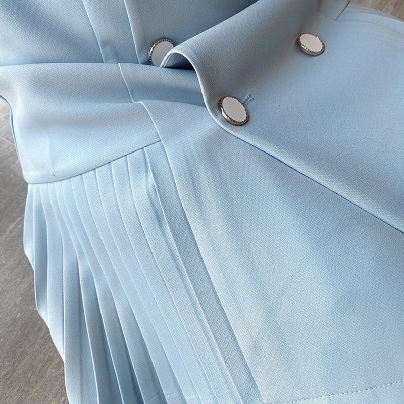 潮牌2023秋冬新款女装法式气质神范精致修身长袖西装领百褶连衣裙