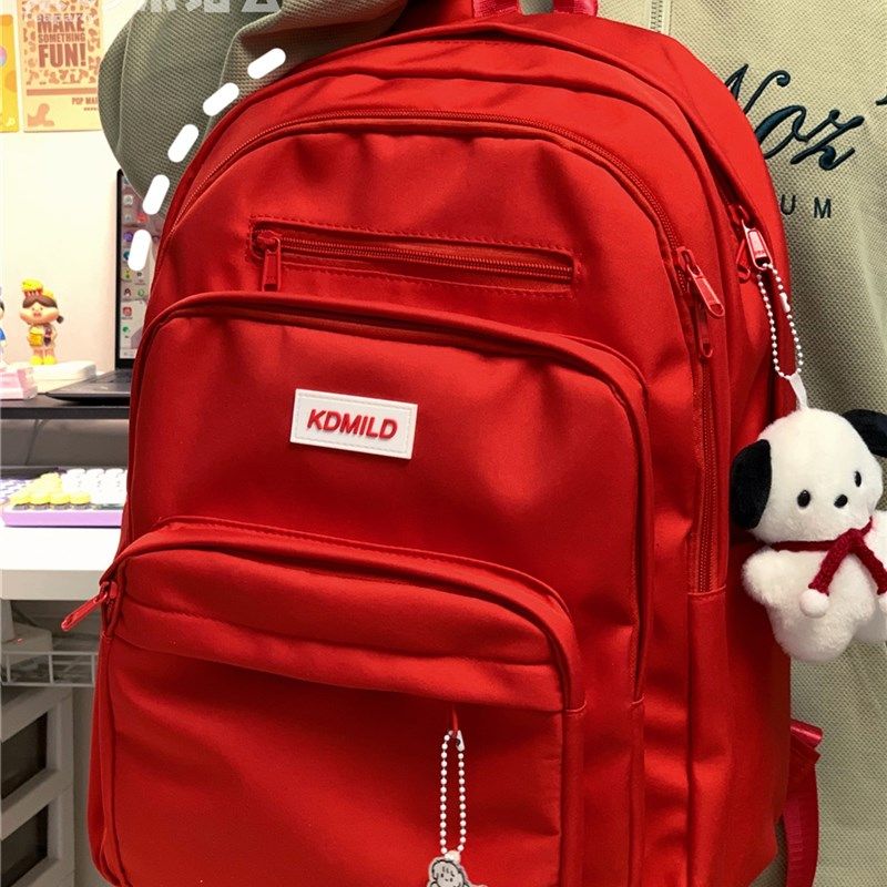 书包女大学生大容量多层设计高中学生校园双肩包红色宝藏揹包