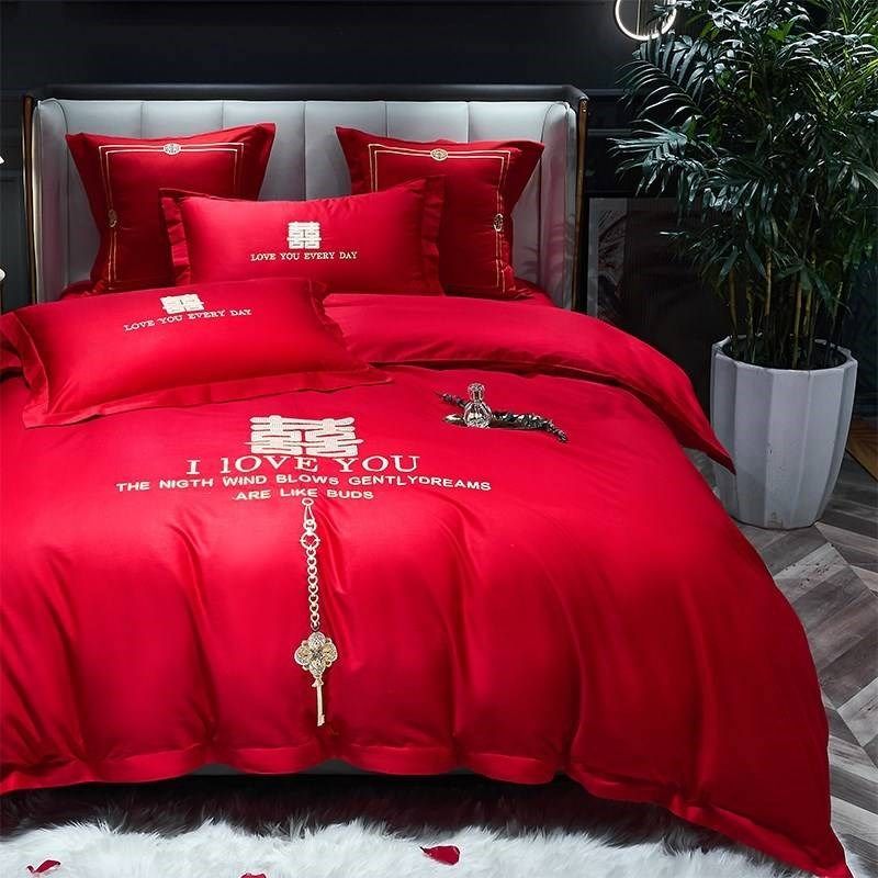 冰丝大红色床单四件套全棉结婚庆被套婚礼婚嫁新婚被床品,床上用品,婚庆床品套件,淘宝优惠券,粉丝福利购,淘宝优惠卷