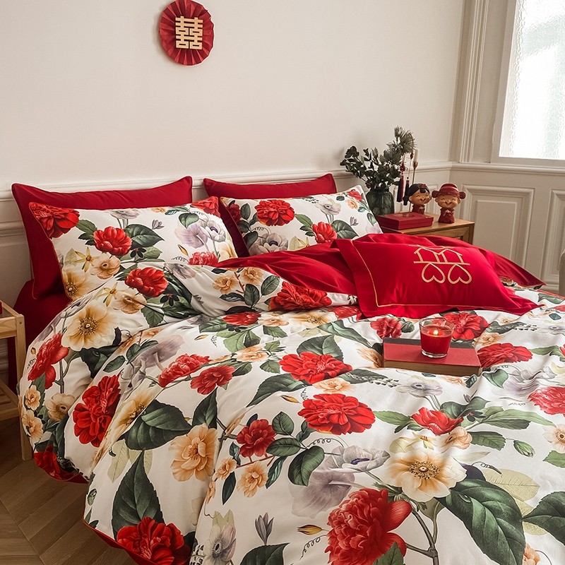简约陪嫁结婚四件套新婚房红色床单被套全棉纯棉高档婚庆床上用品,床上用品,婚庆床品套件,淘宝优惠券,粉丝福利购,淘宝优惠卷
