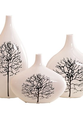 现代简约陶瓷花瓶欧式创意客厅白色插花三件套家居装饰摆件白桦树