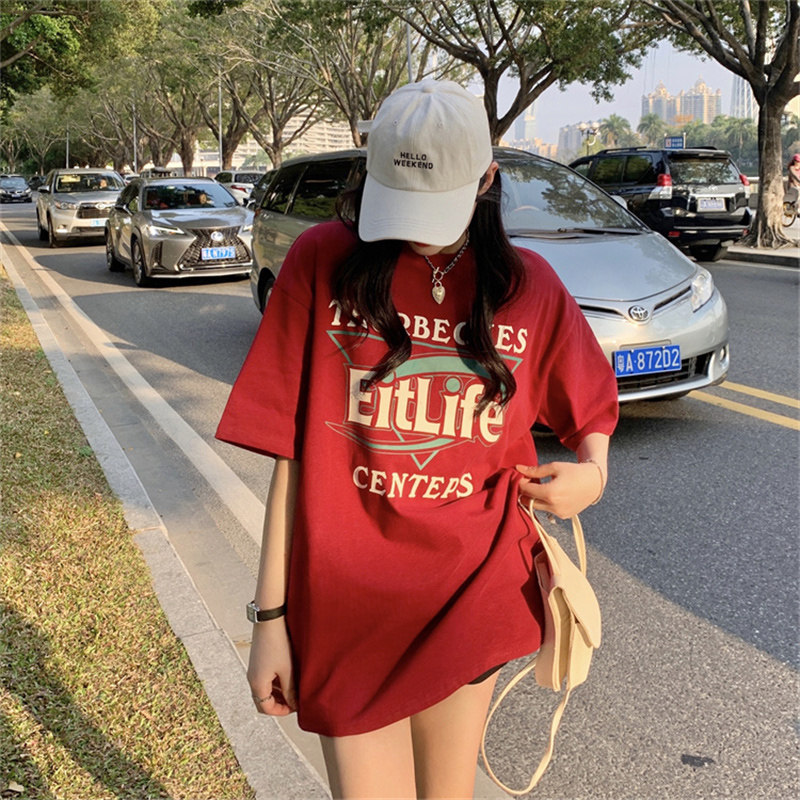 潮牌字母印花短袖t恤女2023夏季新款美式复古宽松中长款纯棉上衣