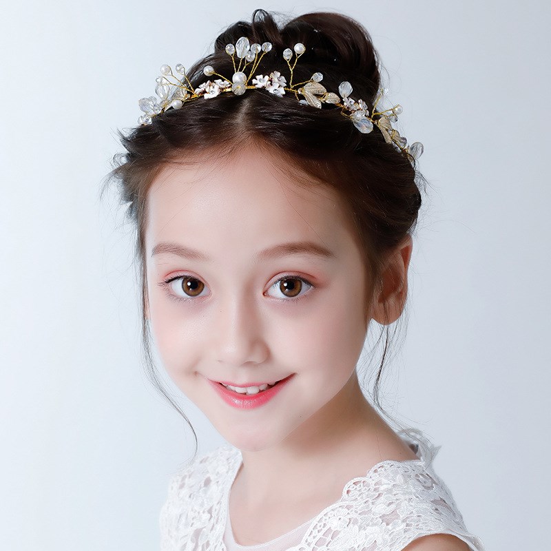 儿童头饰公主金色树叶花环花童水晶发箍生日礼物饰品女孩演出发饰