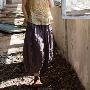 南瓜裤 复古砂洗棉麻九分灯笼裤 百搭休闲裤 毛边做旧宽松大码 女夏季