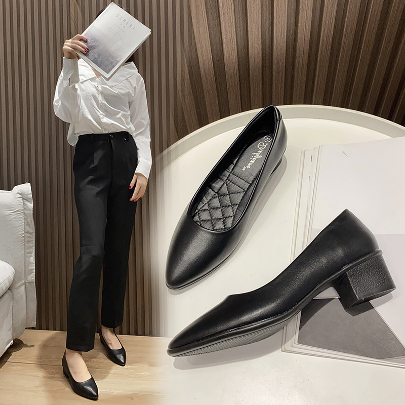 工作鞋女黑色平底软底粗跟皮鞋职业上H班面试酒店防滑空姐尖头单,女鞋,浅口单鞋,淘宝优惠券,粉丝福利购,淘宝优惠卷