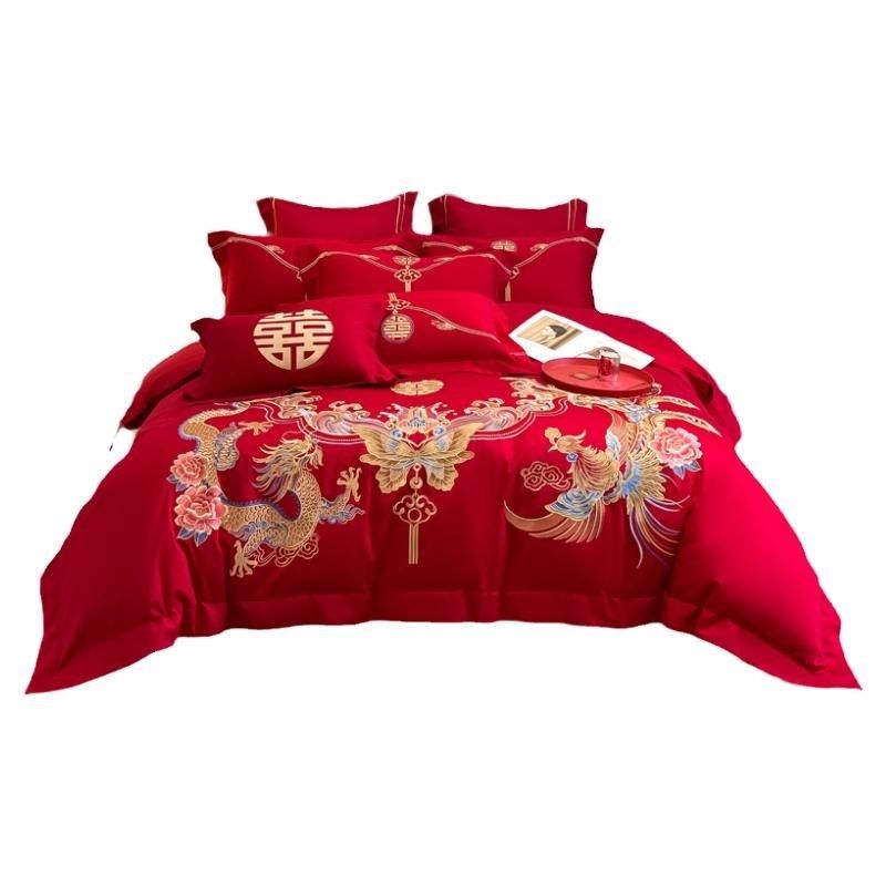 中式龙凤刺绣100支婚庆四件套红色六件被套新婚结婚床上用品4,床上用品,婚庆床品套件,淘宝优惠券,粉丝福利购,淘宝优惠卷