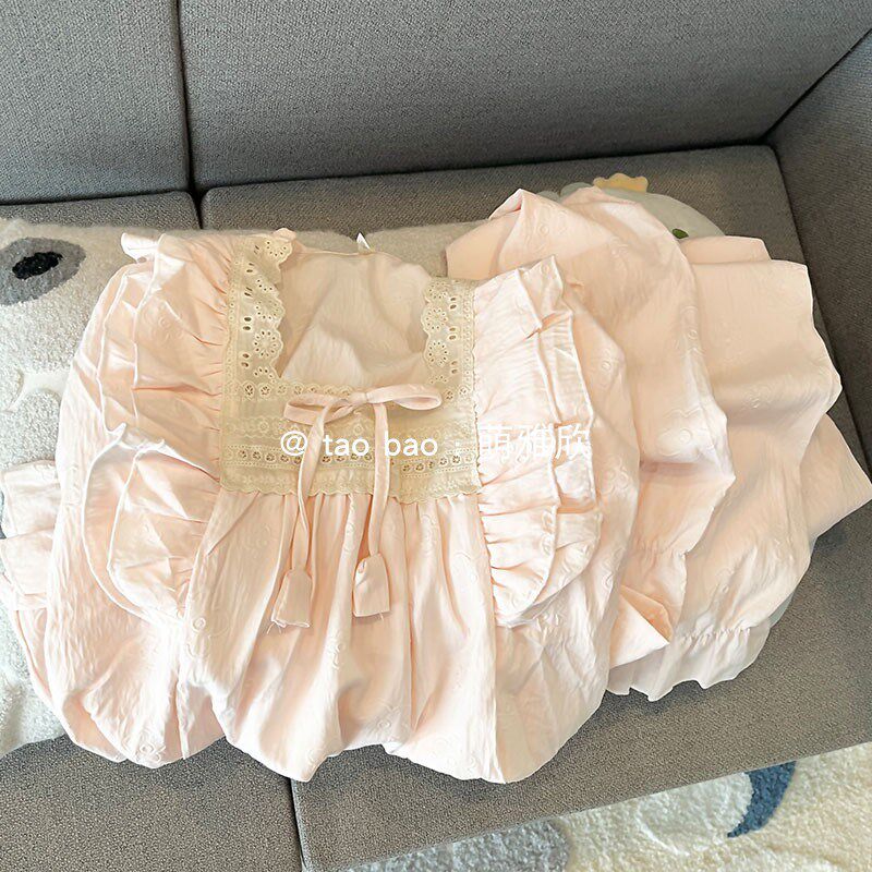 带胸垫粉色公主风睡衣女款春秋夏季云朵棉长袖长裤套装少女家居服