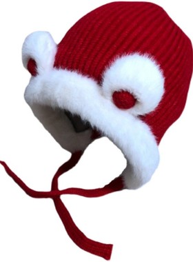 2021年冬季婴儿保暖针织毛线帽宝C宝护耳帽周岁新年本命年红色帽