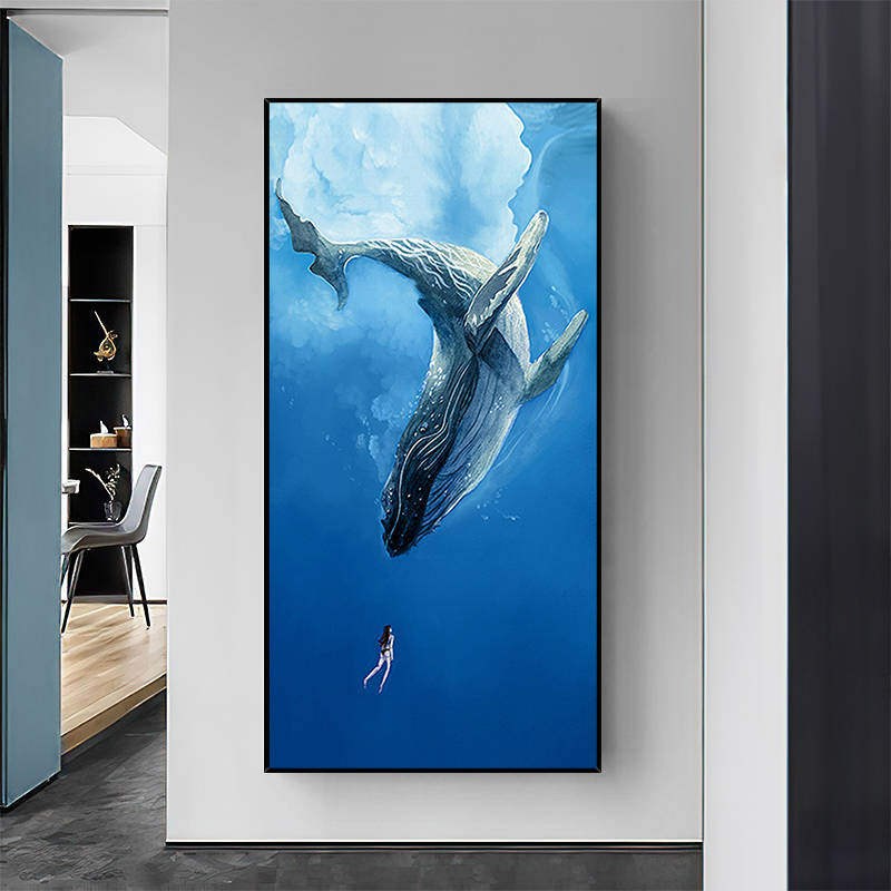 速发纯手绘海洋卡通鲸动物油画儿童房背景墙玄关挂画现代客厅装饰图片