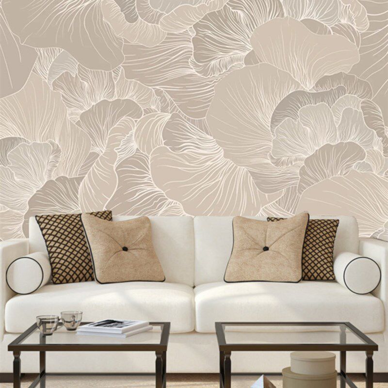 北欧抽象花卉线条壁纸轻奢电视背景墙纸暖色植物客厅卧室酒店壁画