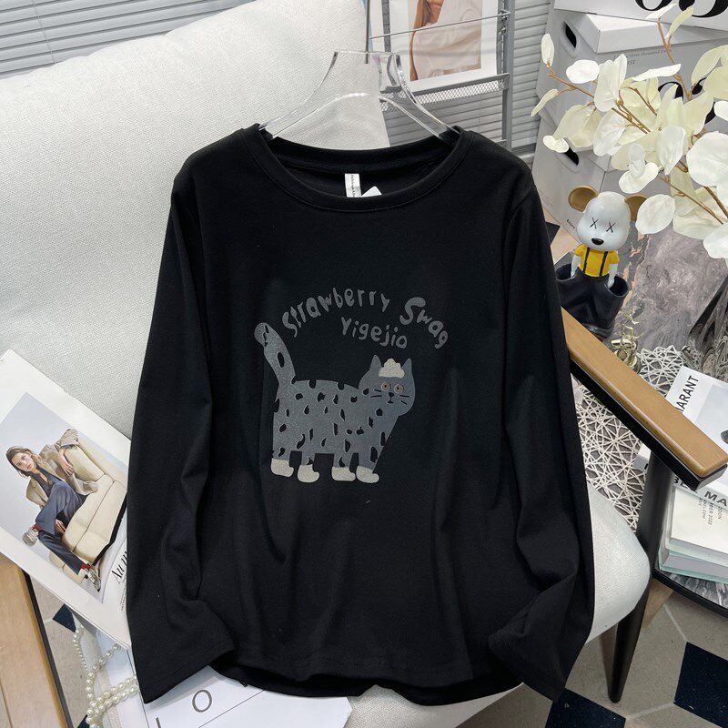 胡子叔大码女装字母小猫印花德绒加厚长袖T恤秋冬内搭打底衫上衣