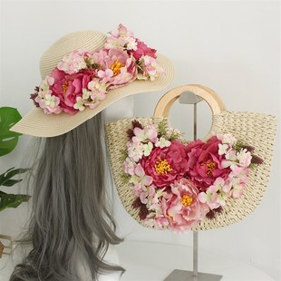 女包夏季花朵手工度假草编包袋编织包手提包草包海边沙滩遮阳草帽