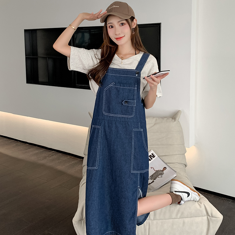 孕妇装连衣裙夏季开叉牛仔裙背带裙女宽松复古显瘦吊带裙孕妇裙子