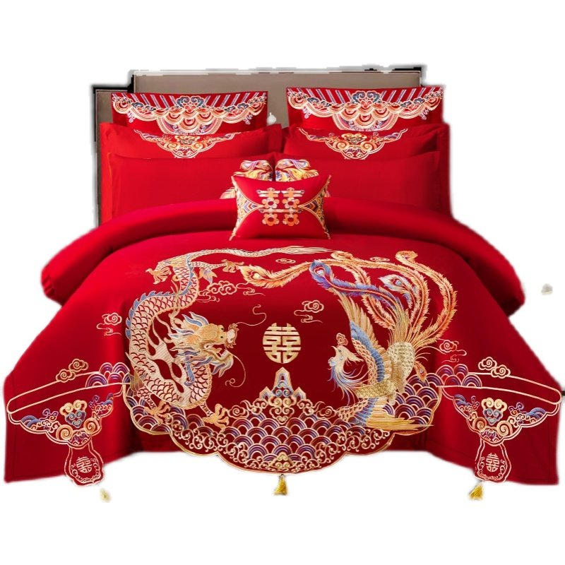 新中式婚庆床上用品床单被罩四件套结婚被套龙凤刺绣新婚喜被红色,床上用品,婚庆床品套件,淘宝优惠券,粉丝福利购,淘宝优惠卷