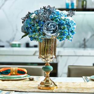 饰花瓶套装 轻奢金色金属水晶玻璃花r瓶 欧式 样板房客厅餐桌台面装