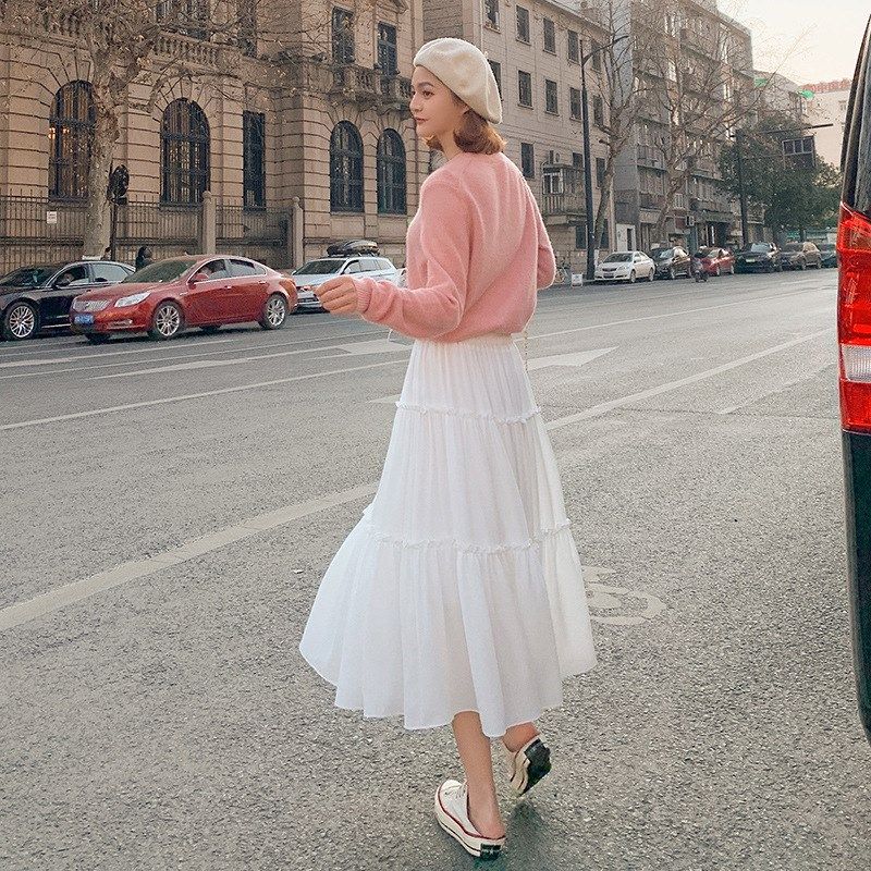 雪纺拼接中长款高腰白色a字半身裙甜美荷叶大摆百褶蛋糕裙仙女夏