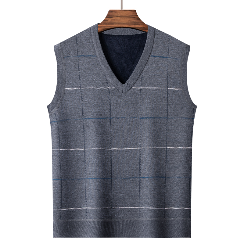 冬季中老年人男士V领毛衣背心爸爸加绒加厚马甲大尺码爷爷针织坎