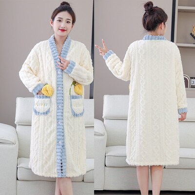 新款宽松保暖休闲纽扣开衫睡衣女舒棉绒睡袍中长中厚可外穿浴袍