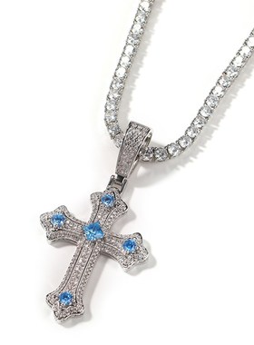 新款铜镶锆石十字架型项链海蓝大钻情侣吊坠个性小众街头百搭饰品