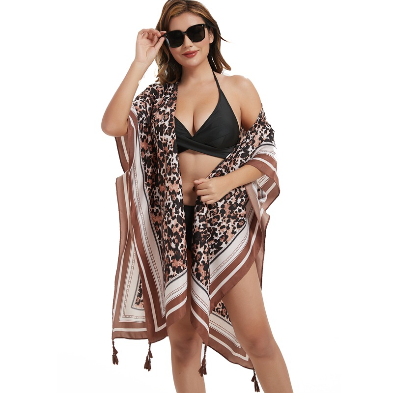 速发Long leopard patterned chiffon beach cover up shawl biki