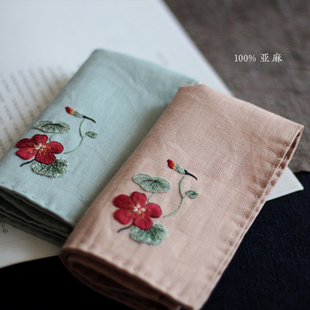 旱莲花开 纯亚麻刺绣手帕diy材料包男朋友女士吸汗手绢方巾礼物