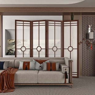 新中式实木屏风客厅玄关隔断装饰办公室大厅折叠移动镂空半透折屏