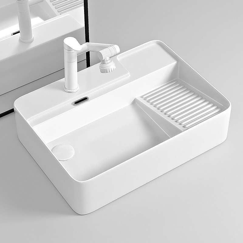 日本进口阳台陶瓷洗衣盆带搓板台上盆洗衣池槽侧排左右侧下水洗手