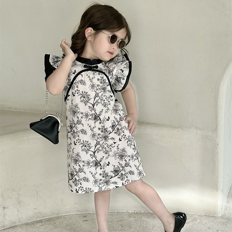 2023夏季女童新中式碎花v旗袍裙宝宝复古中国风女孩水墨公主连身