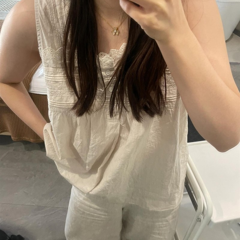 韩版小众蕾丝花边无袖睡衣女夏季2024新款宽松大码长裤家居服套装