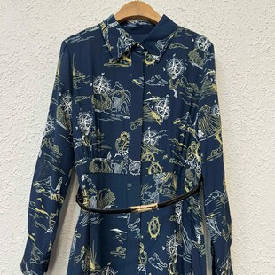 真丝衬衫 印花腰带收腰显瘦通勤中长款 连衣裙 轻奢翻领长袖 24年新款