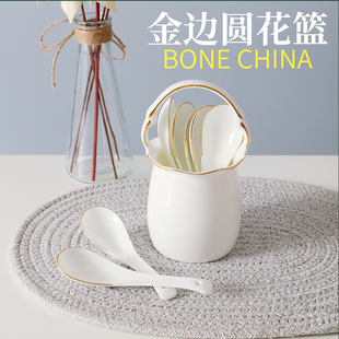 陶瓷沥水筷子筒家用厨房骨瓷金边花篮筷子置物架收纳盒筷筒筷子笼