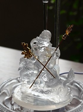 五路琉璃黄黑红绿白财神水供佛像浴佛盆招财循环流水桌面摆件家用