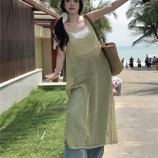 度假风沙滩针织无袖吊带连衣裙女长款夏季休闲甜美镂空网格背心裙