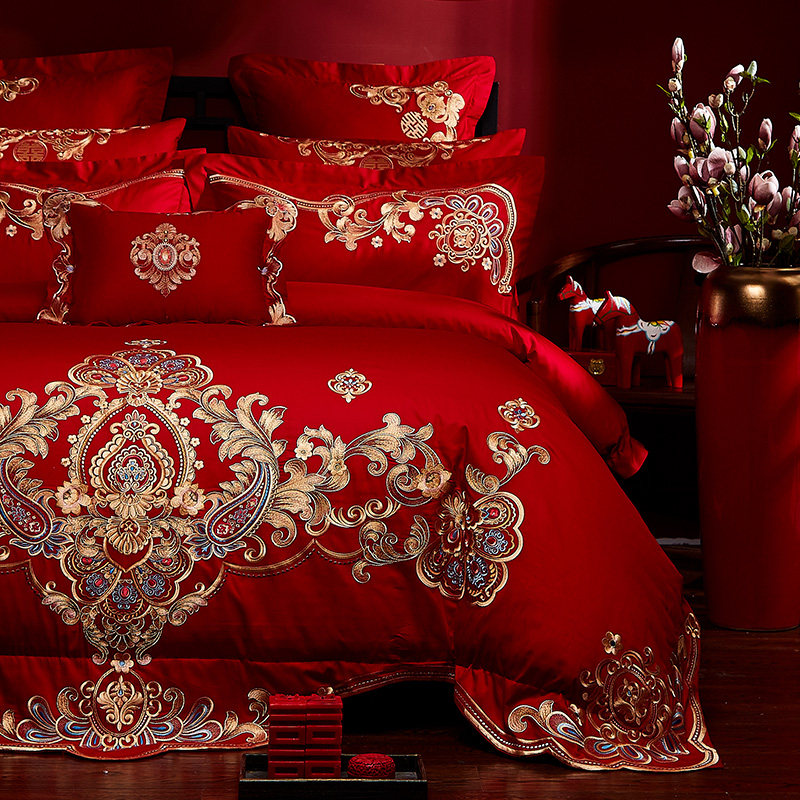 全棉婚庆四件套新婚床单被套大红色结婚房床上用品六件套,床上用品,婚庆床品套件,淘宝优惠券,粉丝福利购,淘宝优惠卷