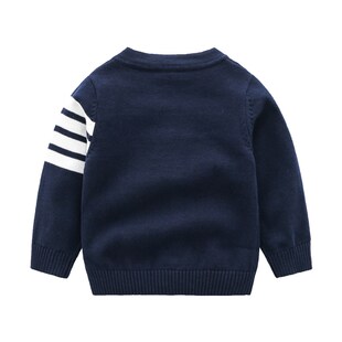 0-2岁男宝宝秋装外出服男童三条杆英伦风纯棉针织开衫XV领毛衣外