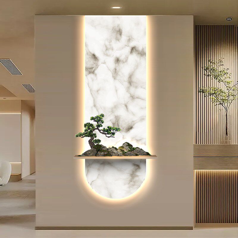 玄关3D立体浮雕装饰画实物松树挂画轻奢走廊尽头2024新款发光壁画