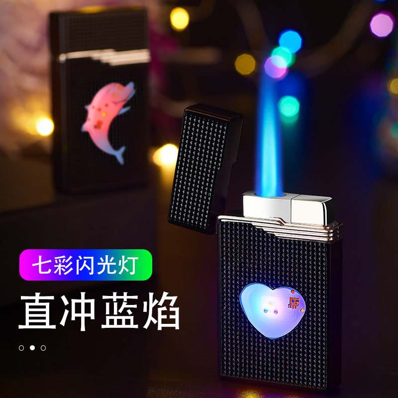 工厂销网b红充气打火机防风直冲蓝火焰气体创意个性超薄全金属定