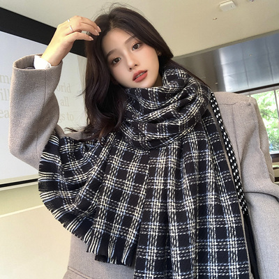 围巾女生黑白格子秋冬季加厚保暖仿羊绒韩版ins潮日系小围脖护颈