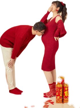 孕妇照服装新年红色毛衣s情侣夫妻照影楼孕妈艺术照摄影拍照衣服