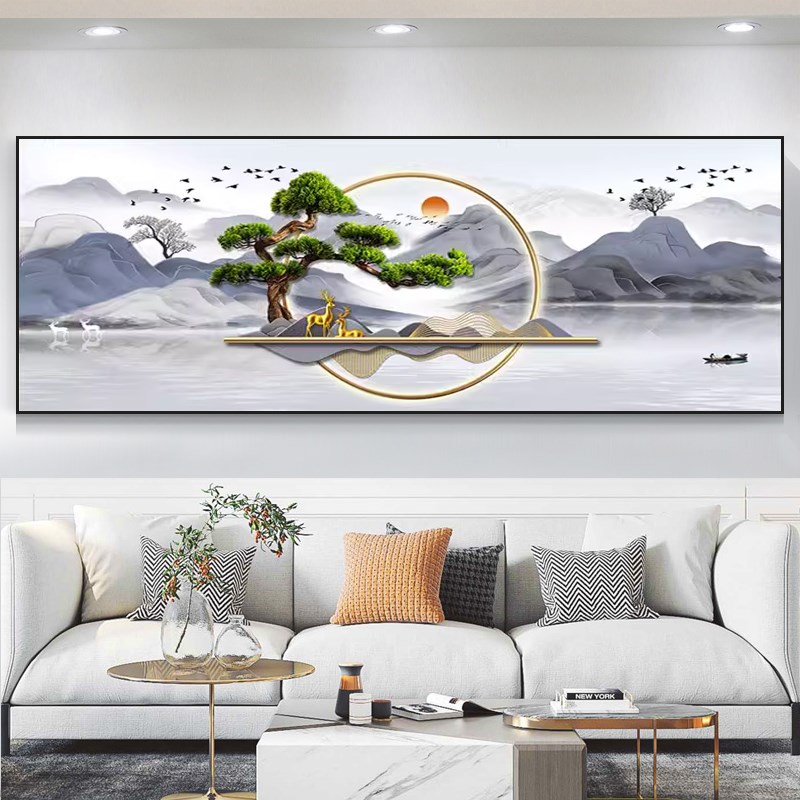 2024新款现代中式迎客松风景钻石画5d满钻手工点砖十字绣流水生财