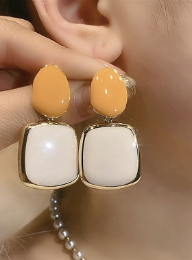 橙白色撞色滴釉时尚l耳环2023年新款潮夸张个性耳坠方形耳饰显脸
