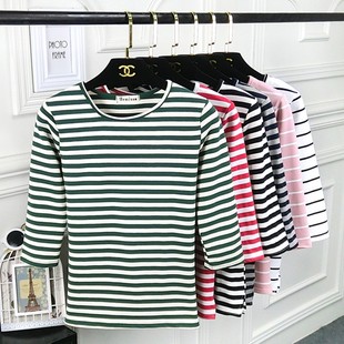 圆领t恤女中袖 上衣条纹七分袖 修身 纯棉大码 2020春秋季 打底衫 女装