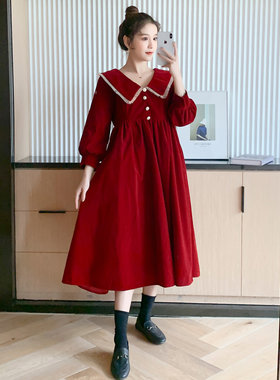 孕妇装红色洋装结婚敬酒服回x门礼服大摆裙遮肚大尺码长裙子秋冬
