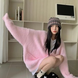 马海毛针织开 粉色软糯毛衣外套女秋冬奶u系温柔慵懒风宽松中长款