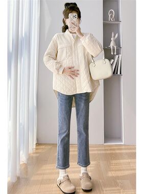 孕妇套装杏中长款宽松保暖棉衣外套上衣牛仔裤两件套2024新款秋冬