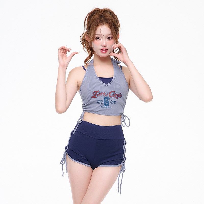 泳衣女泡温泉保守分体三件套遮肚显瘦学生少女辣妹挂脖泳装泡温泉