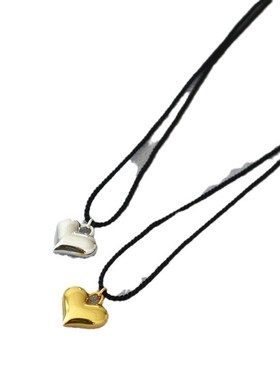 韩版小众个性简约黑色线绳抽拉调节F黄铜镀金爱心吊坠项链毛衣链