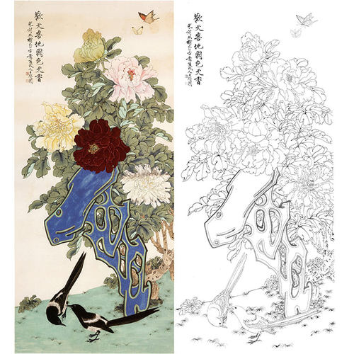 工笔画白描底稿花鸟国色天香于非闇勾线实物打印稿尺寸可选YF79