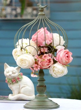 美式复古镂空鸟笼摆件花园铁艺花托花盆架爬藤架摄影道具橱窗陈列